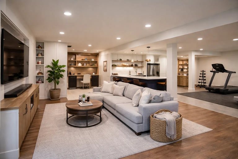 Open finished basement with a family room and home gym — MDR Design-Build-Remodel