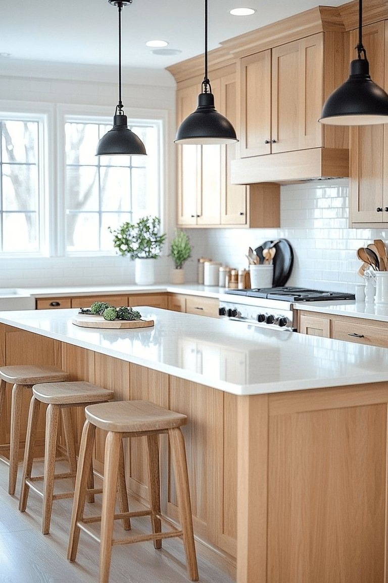 Bright white kitchen with a center island and black pendant lights — MDR Design-Build-Remodel